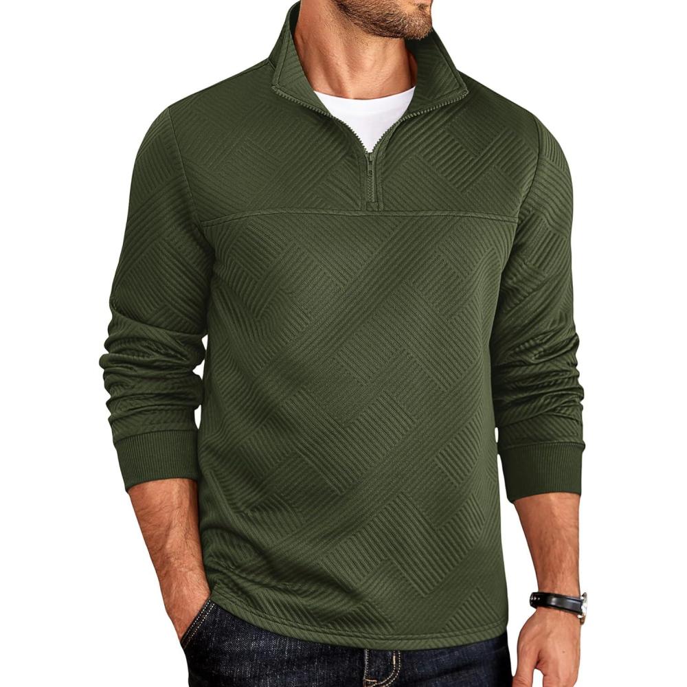 imageCOOFANDY Mens Quarter Zip Pullover Lightweight Textured Sweatshirt Long Sleeve Casual Mock Neck Polo ShirtsArmy Green