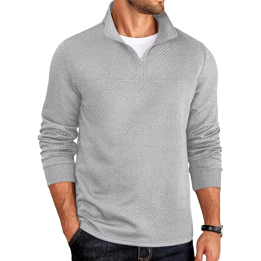 imageCOOFANDY Mens Quarter Zip Pullover Lightweight Textured Sweatshirt Long Sleeve Casual Mock Neck Polo ShirtsLight Grey
