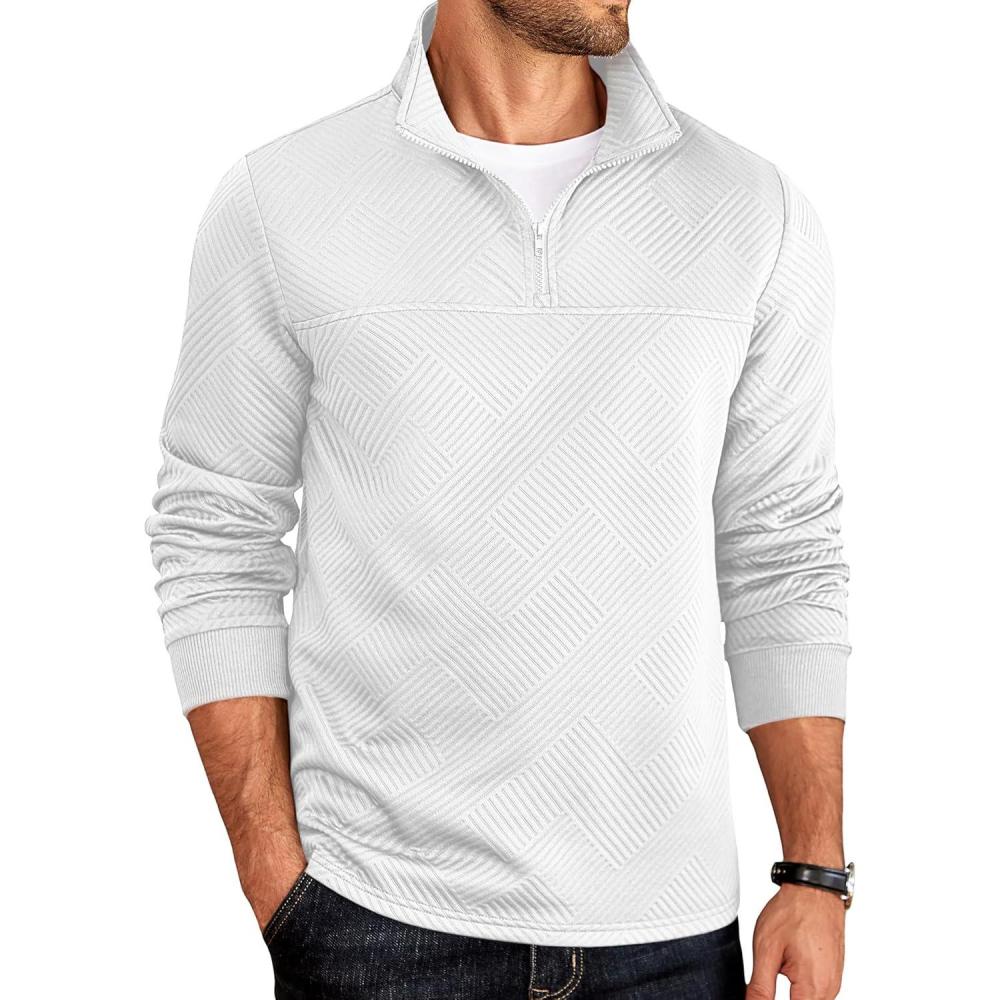 imageCOOFANDY Mens Quarter Zip Pullover Lightweight Textured Sweatshirt Long Sleeve Casual Mock Neck Polo ShirtsWhite
