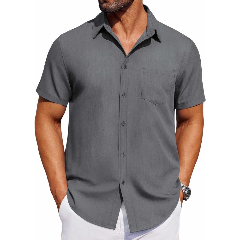imageCOOFANDY Mens Short Sleeve Button Up Shirts Casual Summer Shirts with Pocket Light Grey Small