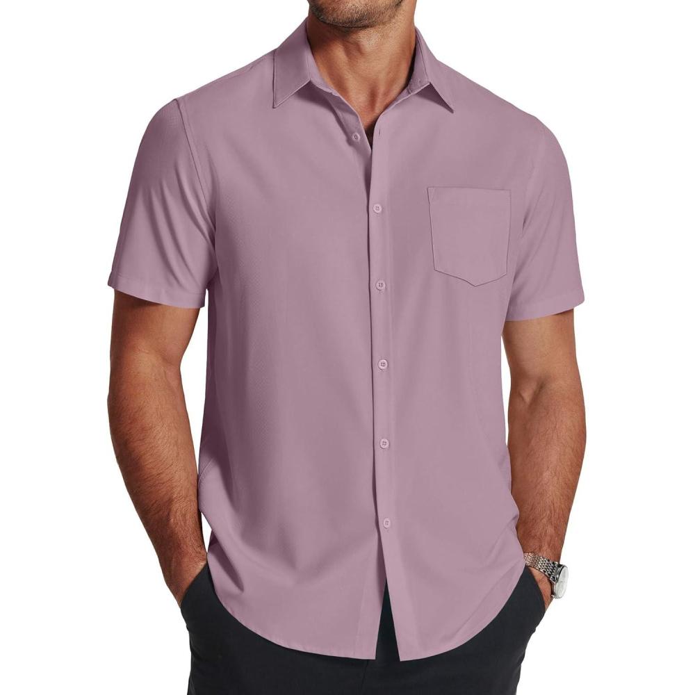 imageCOOFANDY Mens Short Sleeve Dress Shirts Wrinkle Free Regular Fit Dress Shirt Textured Casual Button Down Shirts Fuchsia