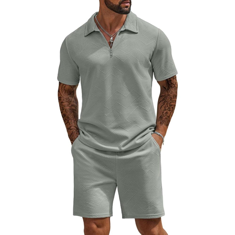 imageCOOFANDY Mens Tracksuit Casual 2 Piece Quarter Zip Polo Shirt and Shorts Set Athletic Jogging Sports OutfitsLight Green