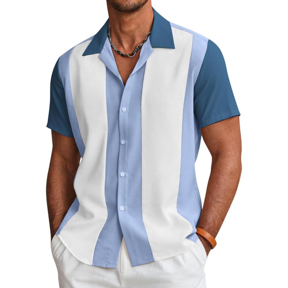 imageCOOFANDY Mens Vintage Bowling Shirt Short Sleeve Button Down Summer Cuba Beach ShirtsBowling Blue Whitedark Blue