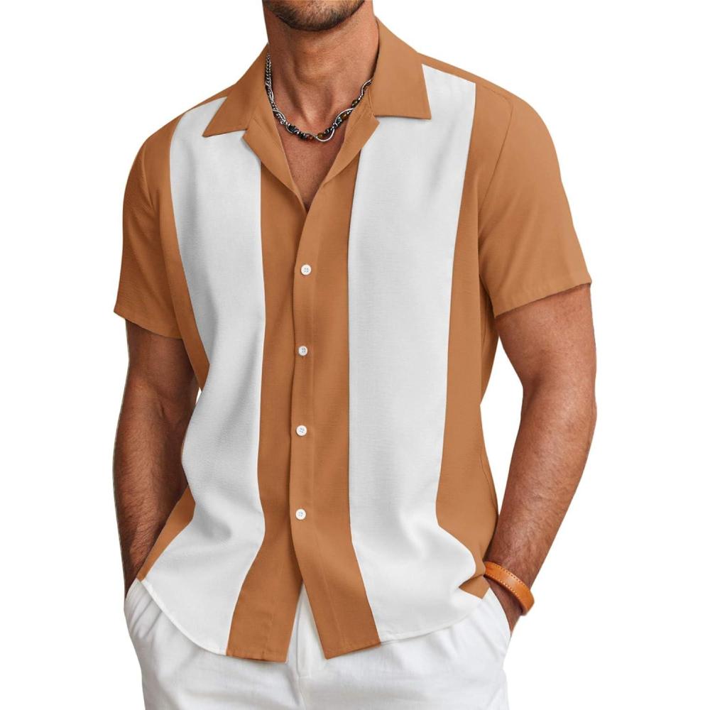 imageCOOFANDY Mens Vintage Bowling Shirt Short Sleeve Button Down Summer Cuba Beach ShirtsBrown White