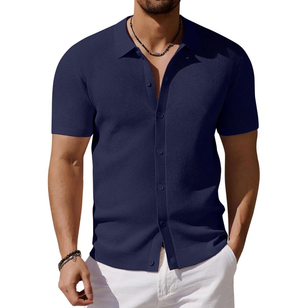 imageCOOFANDY Mens Vintage Knit Shirt Short Sleeve Button Down Polo Shirts for Summer Casual amp VacationNavy Blue