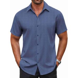 COOFANDY Men’s Button Down Shirt Short Sleeve Dress Shirt Casual Beach Summer Wedding Shirt(Navy Blue-white Flower)