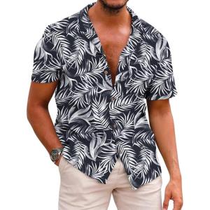 COOFANDY Mens Hawaiian Shirt Short Sleeve Buttoon Down Shirts Casual Tropical Floral Summer Linen Shirts(Black Tropical Leaf)