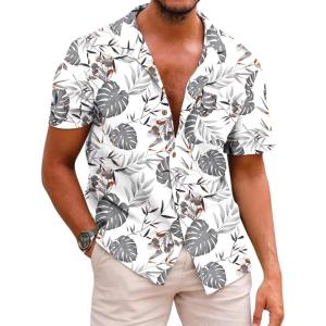 COOFANDY Mens Hawaiian Shirt Short Sleeve Buttoon Down Shirts Casual Tropical Floral Summer Linen Shirts(Grey Tropical Leaf)