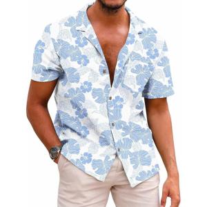 COOFANDY Mens Hawaiian Shirt Short Sleeve Buttoon Down Shirts Casual Tropical Floral Summer Linen Shirts(Light Blue Tropical)