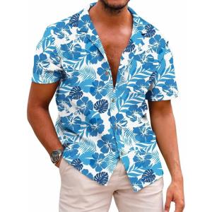 COOFANDY Mens Hawaiian Shirt Short Sleeve Buttoon Down Shirts Casual Tropical Floral Summer Linen Shirts(Ocean Blue Tropic)