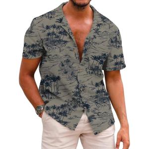 COOFANDY Mens Hawaiian Shirt Short Sleeve Buttoon Down Shirts Casual Tropical Floral Summer Linen Shirts(Safari Palm Khaki)