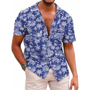 COOFANDY Mens Hawaiian Shirt Short Sleeve Buttoon Down Shirts Casual Tropical Floral Summer Linen Shirts(Tropical Palm Navy)