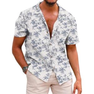 COOFANDY Mens Hawaiian Shirt Short Sleeve Buttoon Down Shirts Casual Tropical Floral Summer Linen Shirts(Vintage Palm Blue)