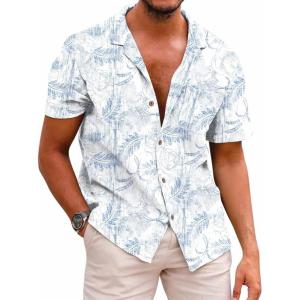 COOFANDY Mens Hawaiian Shirt Short Sleeve Buttoon Down Shirts Casual Tropical Floral Summer Linen Shirts(Washed Floral Blue)