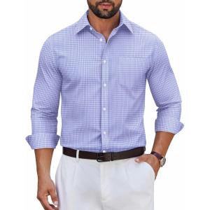 COOFANDY Men’s Long Sleeve Plaid Button Down Cotton Wrinkle Free Dress Shirt(Blue Plaid)