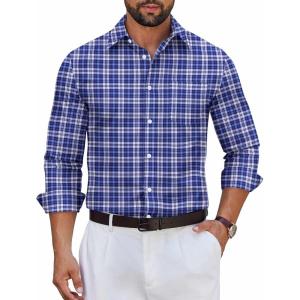 COOFANDY Men’s Long Sleeve Plaid Button Down Cotton Wrinkle Free Dress Shirt(Navy White Plaid)