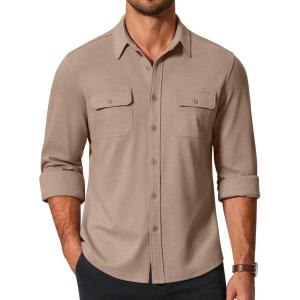 COOFANDY Mens Long Sleeve Shirts Casual Button Down Shirt Wrinkle Free Dress Shirt with Pocket(Light Brown)