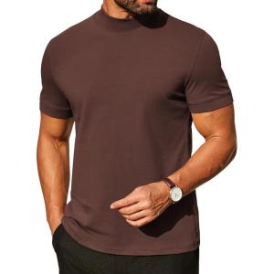 COOFANDY Mens Mock Turtleneck Shirts Casual Premium Cotton Short Sleeve Shirt Basic Half Neck T-Shirts(Brown)
