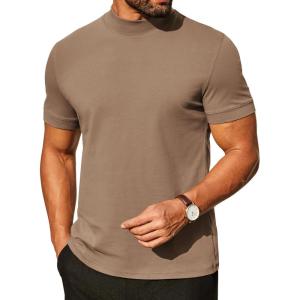 COOFANDY Mens Mock Turtleneck Shirts Casual Premium Cotton Short Sleeve Shirt Basic Half Neck T-Shirts(Khaki)