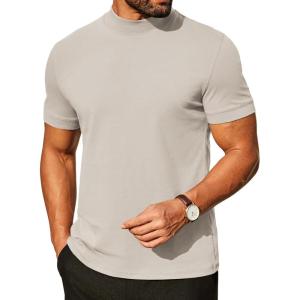 COOFANDY Mens Mock Turtleneck Shirts Casual Premium Cotton Short Sleeve Shirt Basic Half Neck T-Shirts(Light Khaki)