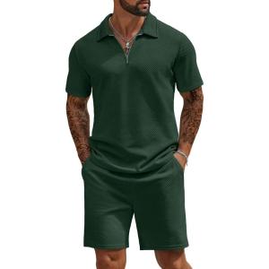 COOFANDY Mens Tracksuit Casual 2 Piece Quarter Zip Polo Shirt and Shorts Set Athletic Jogging Sports Outfits(Dark Green)
