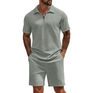COOFANDY Mens Tracksuit Casual 2 Piece Quarter Zip Polo Shirt and Shorts Set Athletic Jogging Sports Outfits(Light Green)