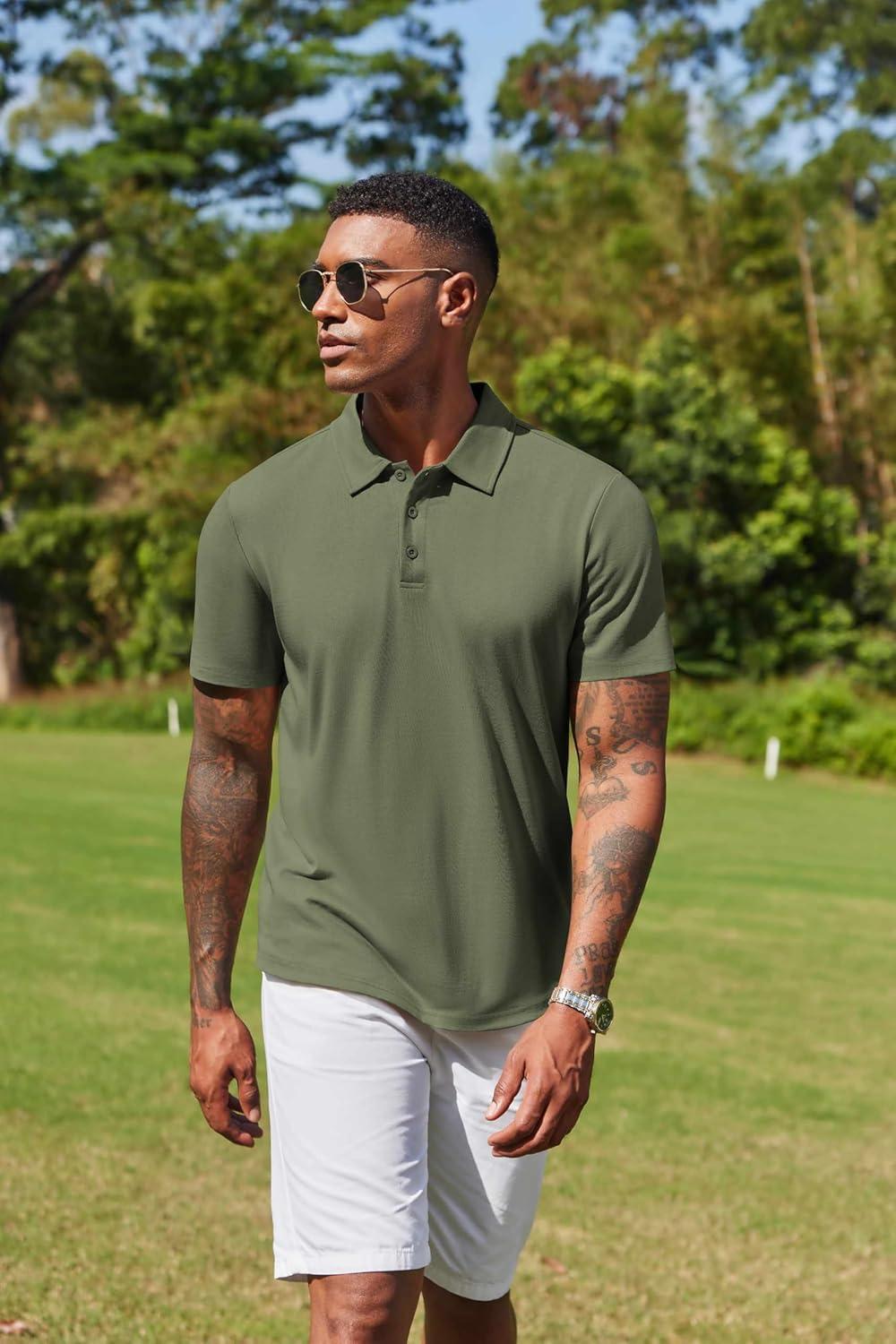 imageCOOFANDY Mens Cotton Polo Shirt Short Sleeve Golf Shirts 3 Buttons Casual Work T ShirtsArmy Green