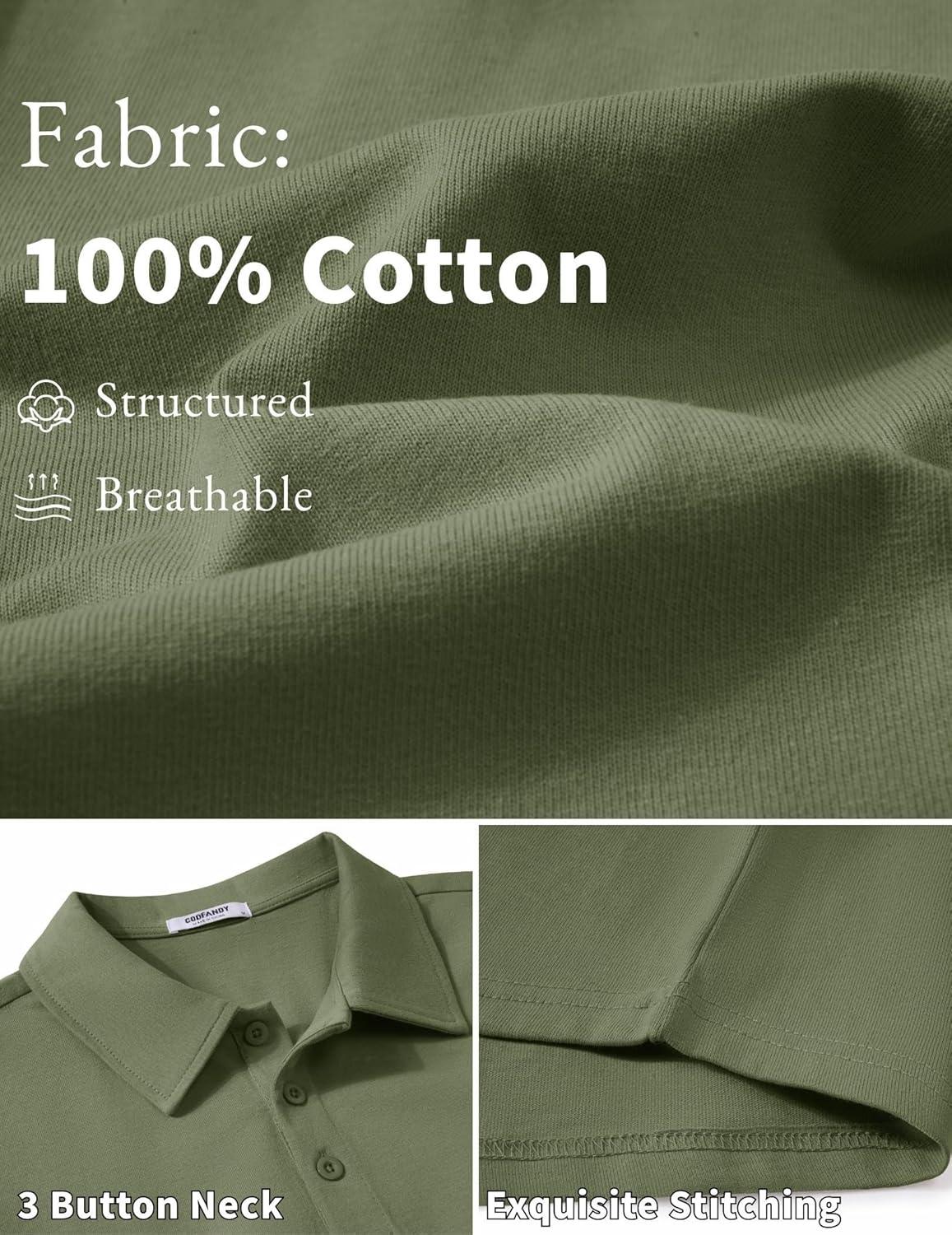 imageCOOFANDY Mens Cotton Polo Shirt Short Sleeve Golf Shirts 3 Buttons Casual Work T ShirtsArmy Green