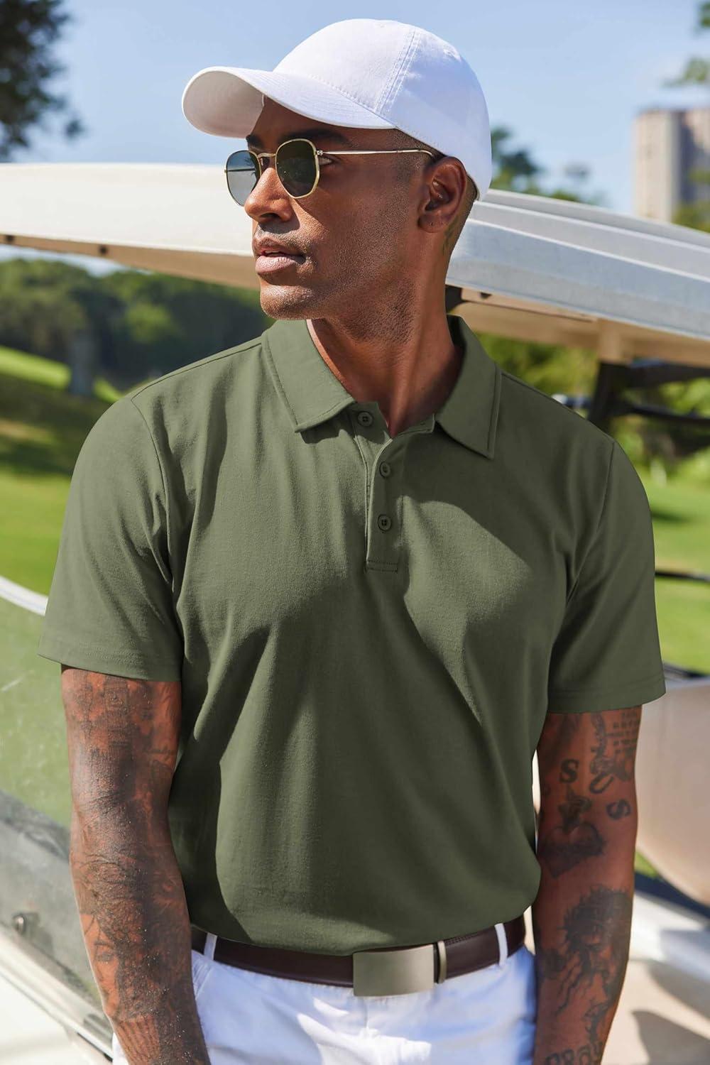 imageCOOFANDY Mens Cotton Polo Shirt Short Sleeve Golf Shirts 3 Buttons Casual Work T ShirtsArmy Green