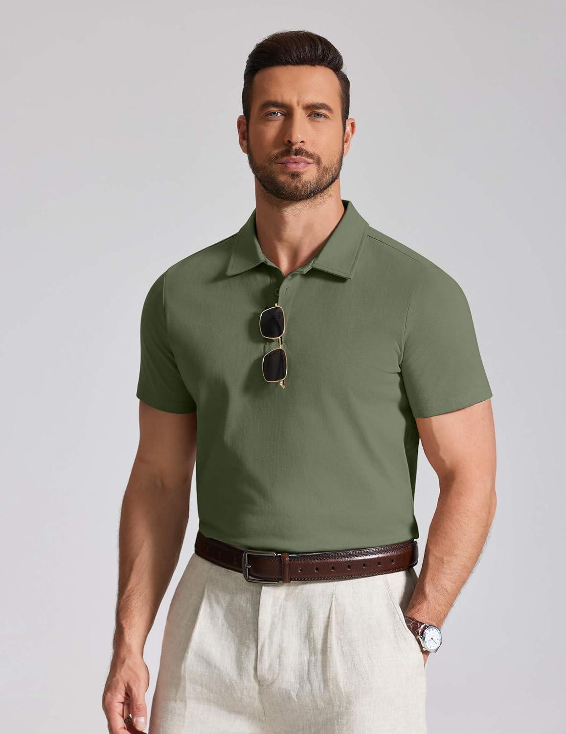 imageCOOFANDY Mens Cotton Polo Shirt Short Sleeve Golf Shirts 3 Buttons Casual Work T ShirtsArmy Green