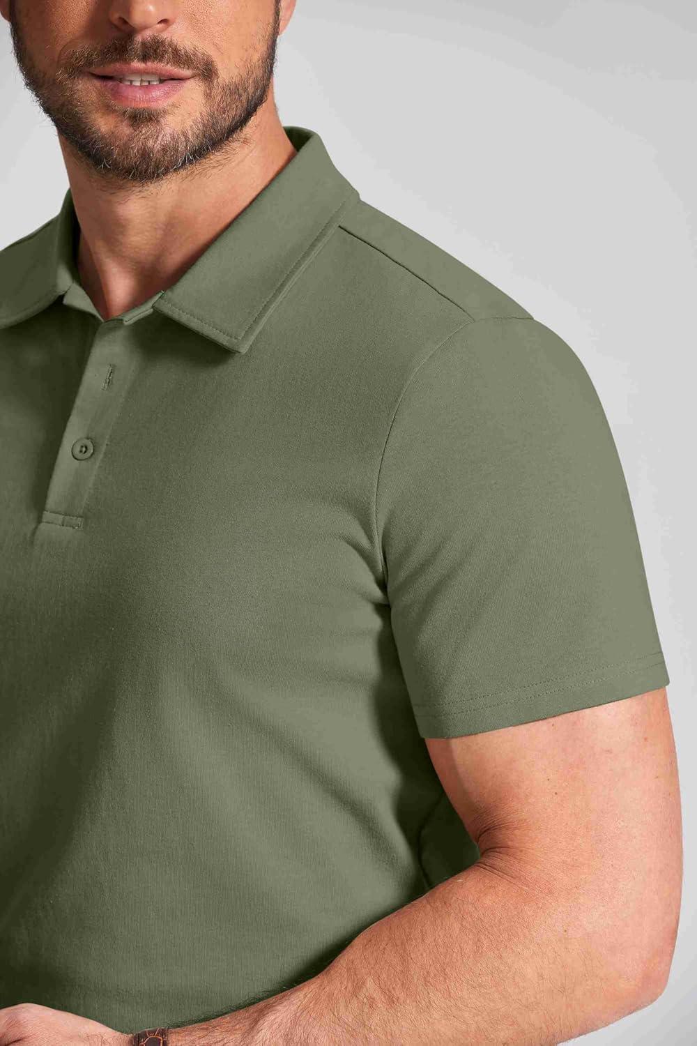 imageCOOFANDY Mens Cotton Polo Shirt Short Sleeve Golf Shirts 3 Buttons Casual Work T ShirtsArmy Green