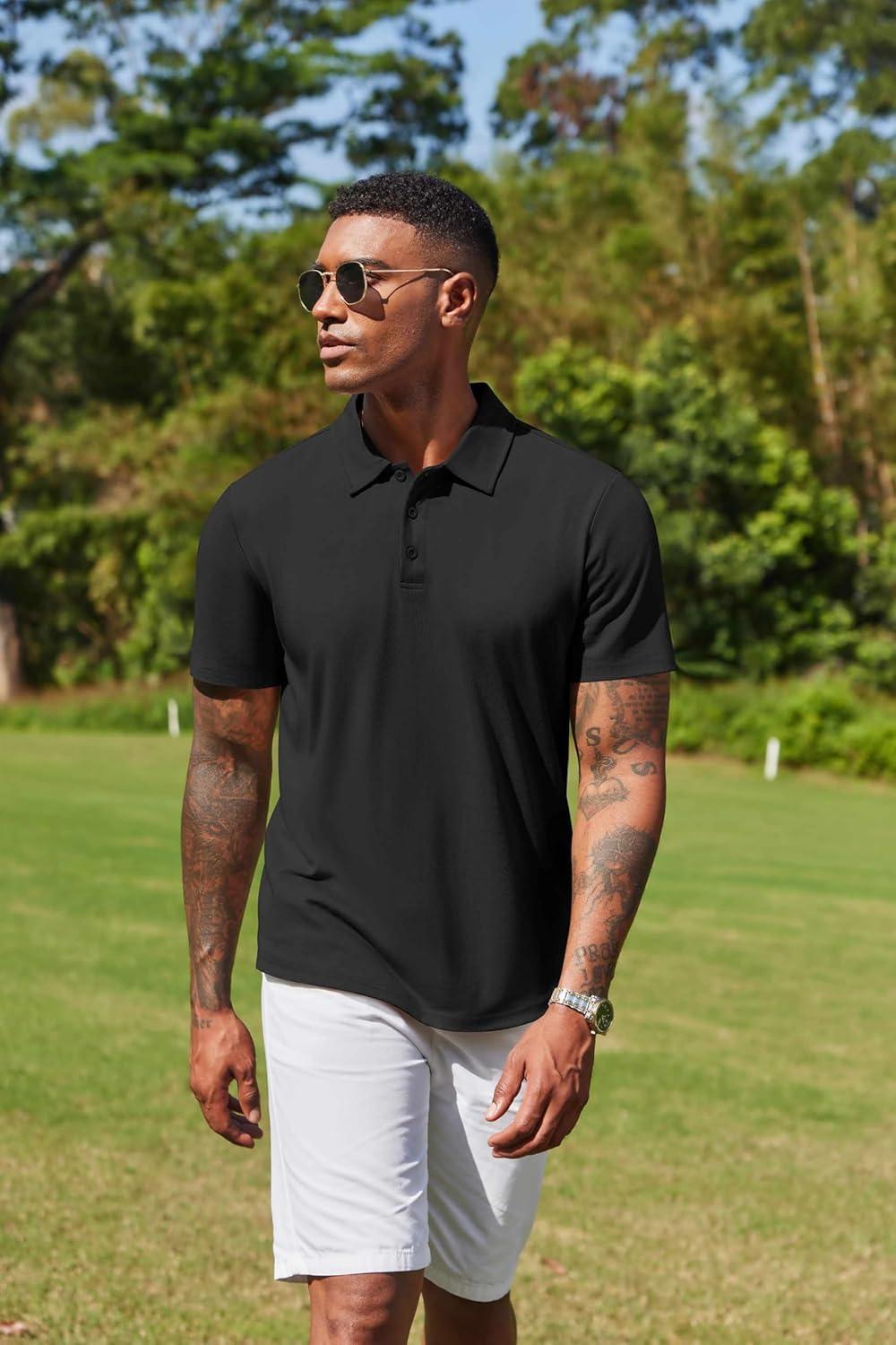 imageCOOFANDY Mens Cotton Polo Shirt Short Sleeve Golf Shirts 3 Buttons Casual Work T ShirtsBlack