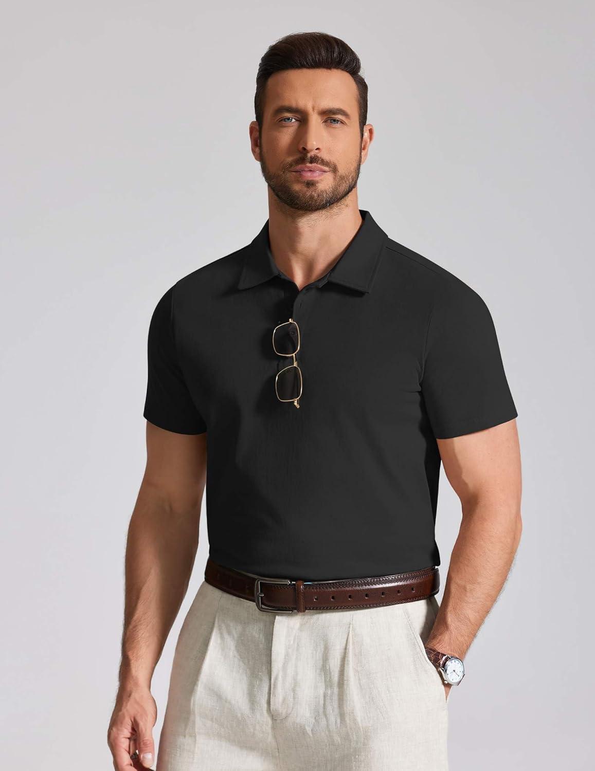 imageCOOFANDY Mens Cotton Polo Shirt Short Sleeve Golf Shirts 3 Buttons Casual Work T ShirtsBlack