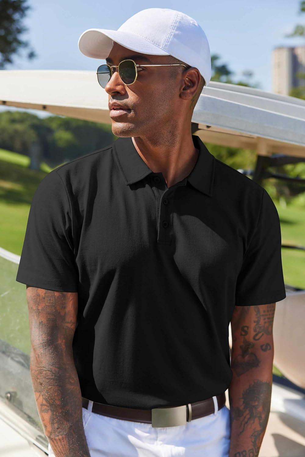 imageCOOFANDY Mens Cotton Polo Shirt Short Sleeve Golf Shirts 3 Buttons Casual Work T ShirtsBlack