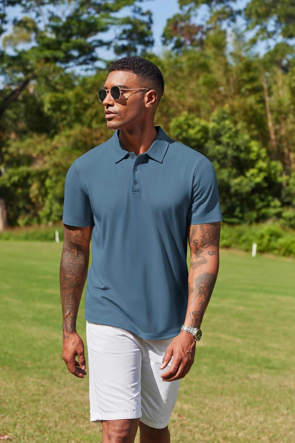 imageCOOFANDY Mens Cotton Polo Shirt Short Sleeve Golf Shirts 3 Buttons Casual Work T ShirtsGrayish Blue