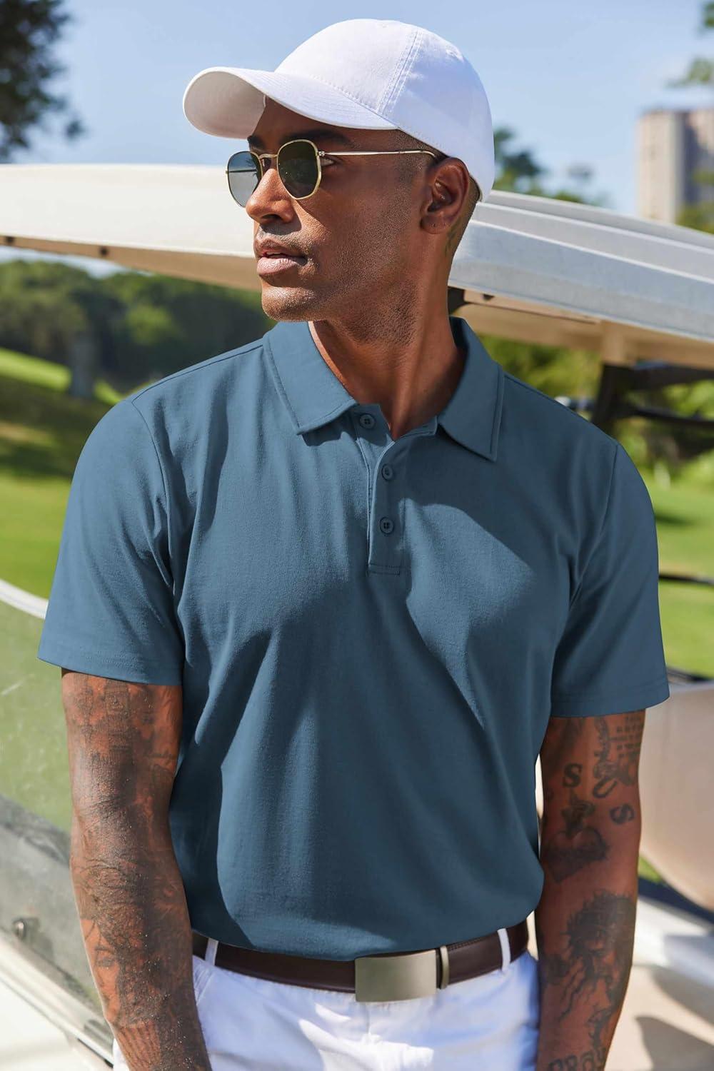 imageCOOFANDY Mens Cotton Polo Shirt Short Sleeve Golf Shirts 3 Buttons Casual Work T ShirtsGrayish Blue