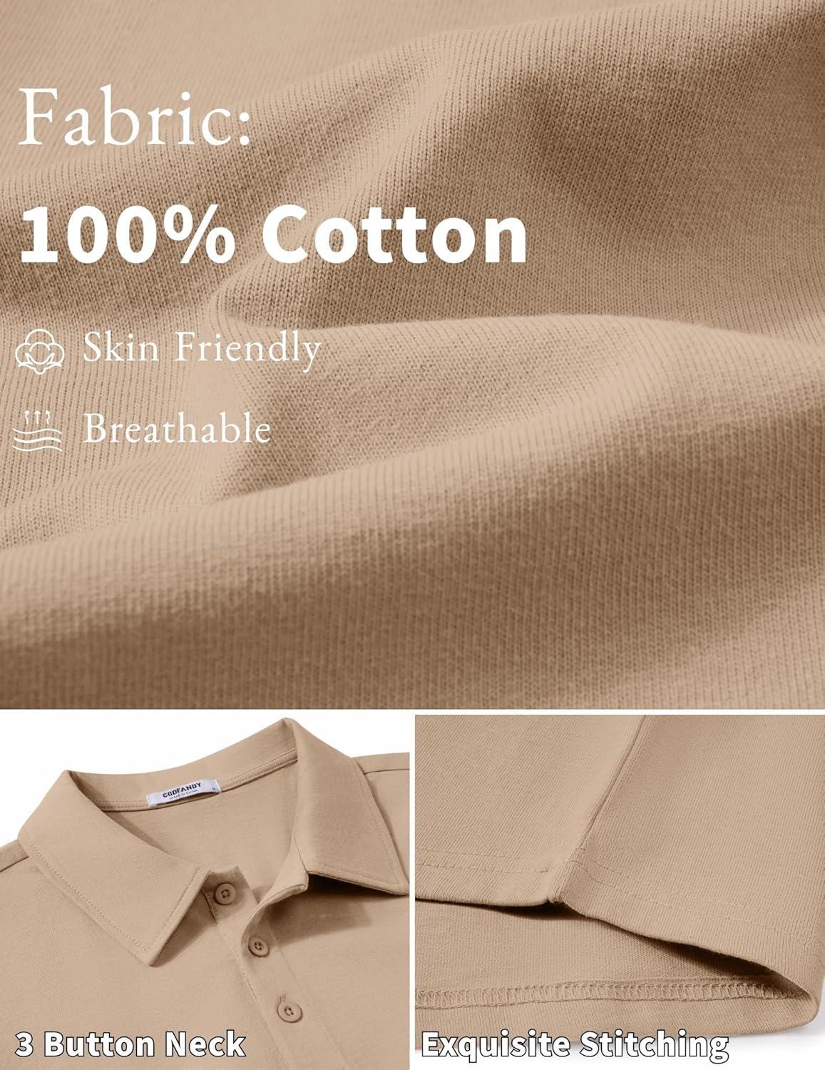 imageCOOFANDY Mens Cotton Polo Shirt Short Sleeve Golf Shirts 3 Buttons Casual Work T ShirtsKhaki