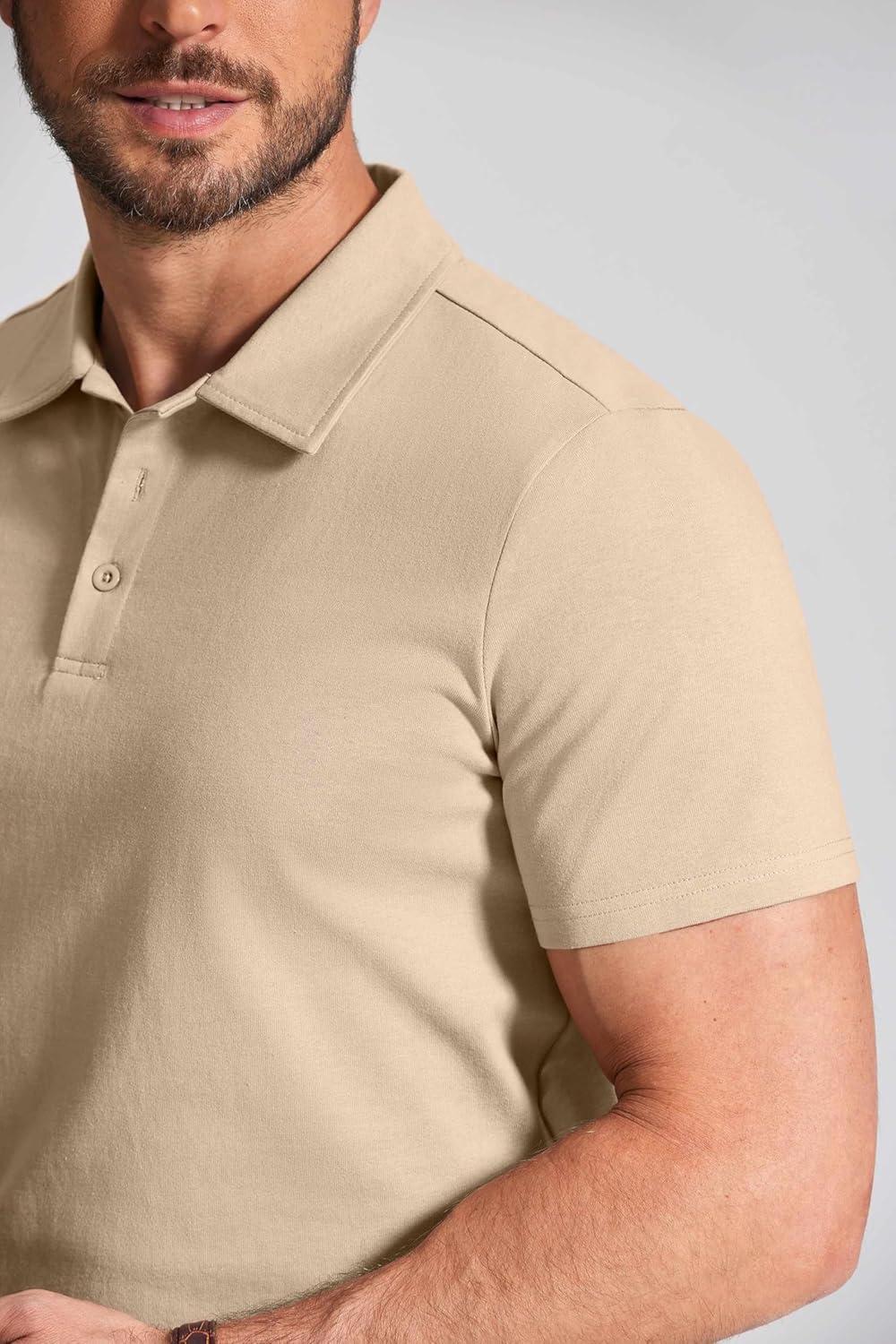 imageCOOFANDY Mens Cotton Polo Shirt Short Sleeve Golf Shirts 3 Buttons Casual Work T ShirtsKhaki