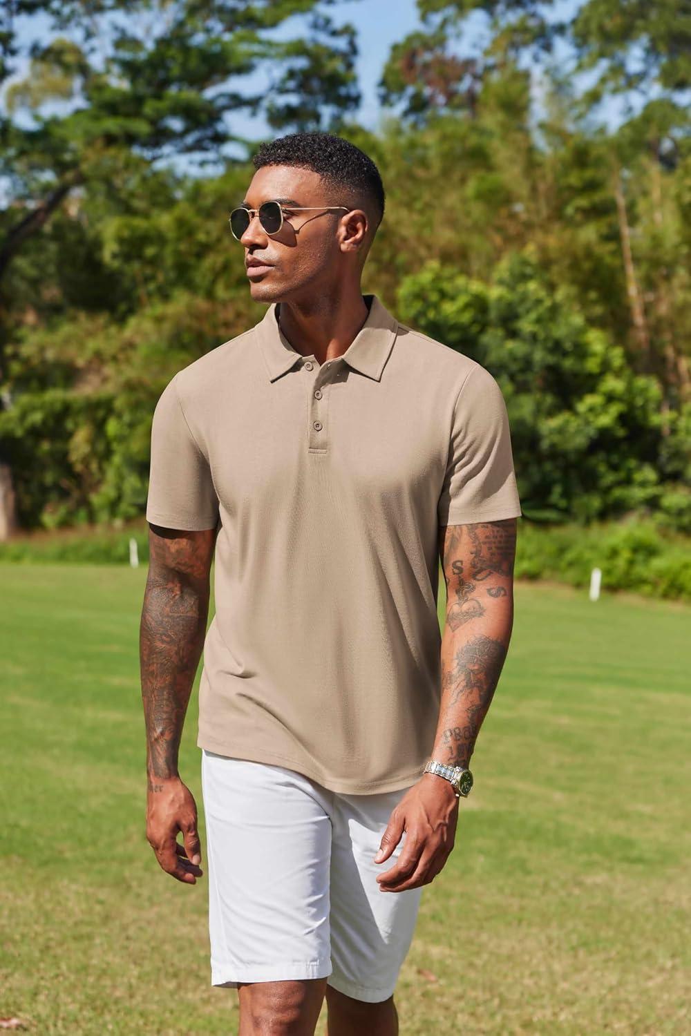 imageCOOFANDY Mens Cotton Polo Shirt Short Sleeve Golf Shirts 3 Buttons Casual Work T ShirtsKhaki