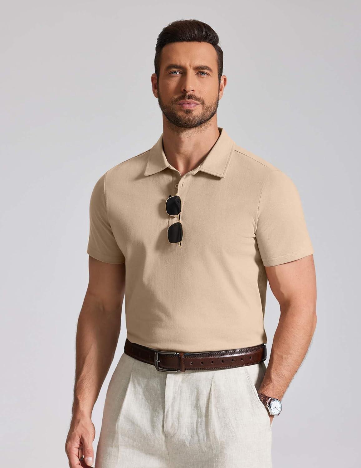imageCOOFANDY Mens Cotton Polo Shirt Short Sleeve Golf Shirts 3 Buttons Casual Work T ShirtsKhaki