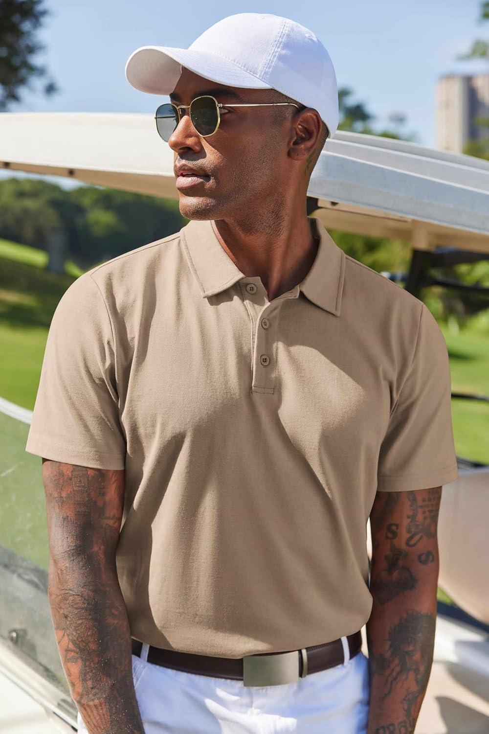 imageCOOFANDY Mens Cotton Polo Shirt Short Sleeve Golf Shirts 3 Buttons Casual Work T ShirtsKhaki
