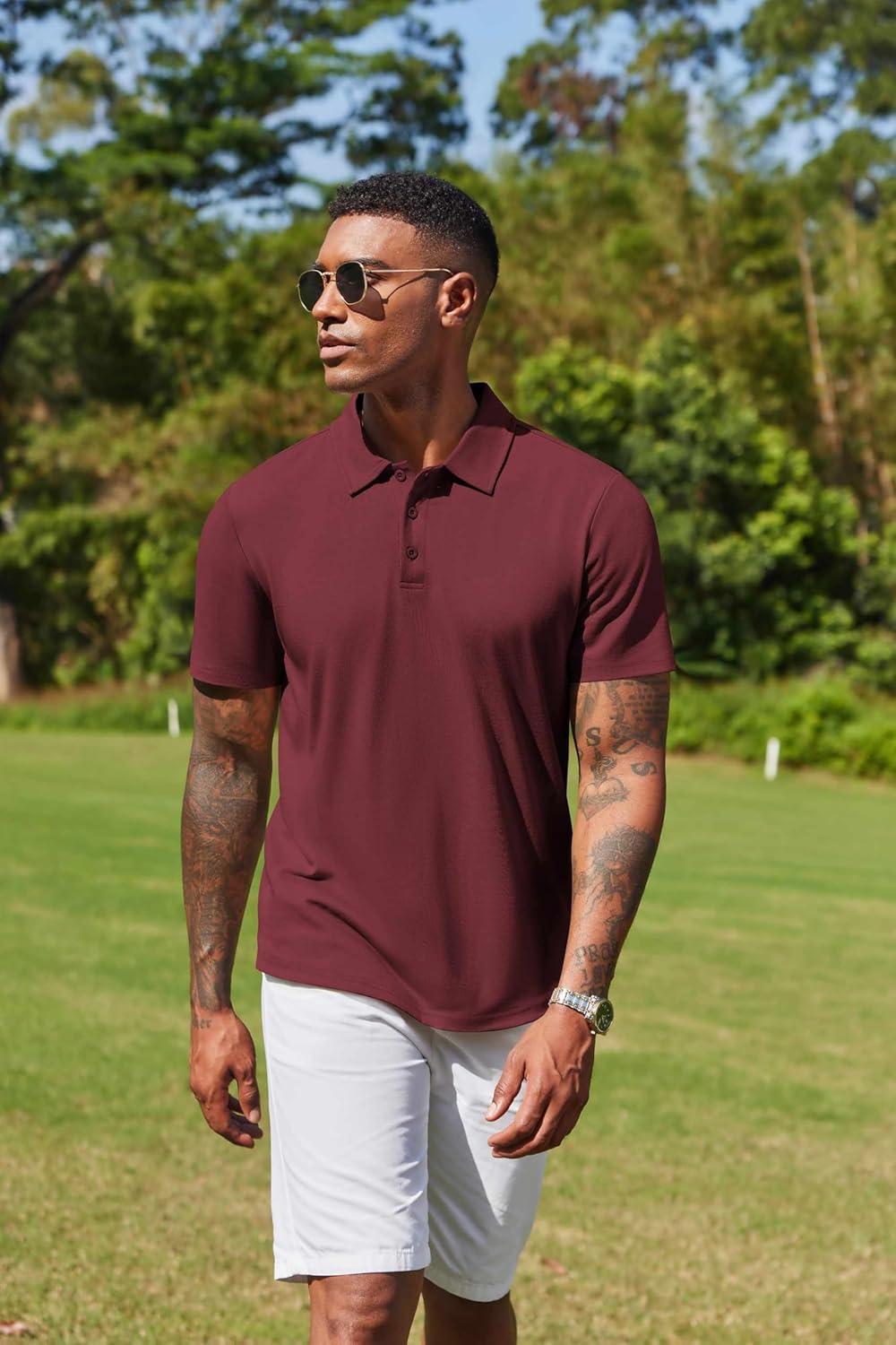 imageCOOFANDY Mens Cotton Polo Shirt Short Sleeve Golf Shirts 3 Buttons Casual Work T ShirtsMaroon