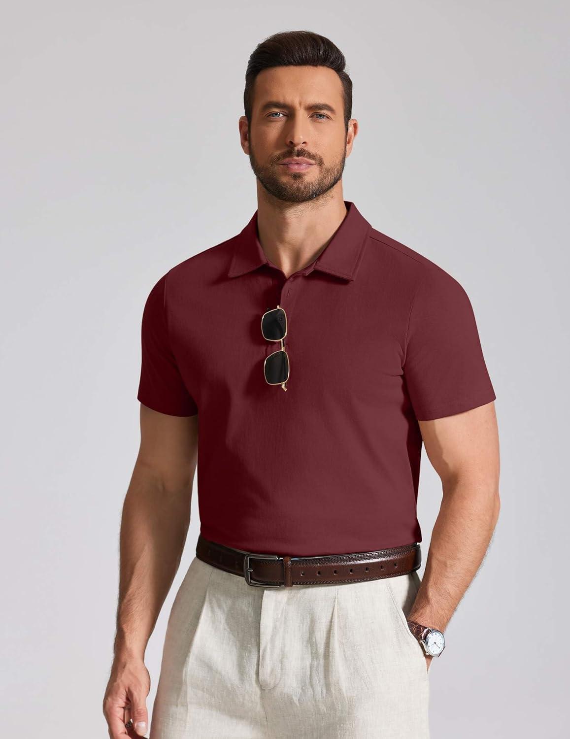 imageCOOFANDY Mens Cotton Polo Shirt Short Sleeve Golf Shirts 3 Buttons Casual Work T ShirtsMaroon