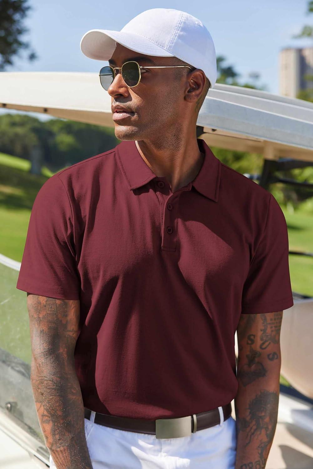 imageCOOFANDY Mens Cotton Polo Shirt Short Sleeve Golf Shirts 3 Buttons Casual Work T ShirtsMaroon