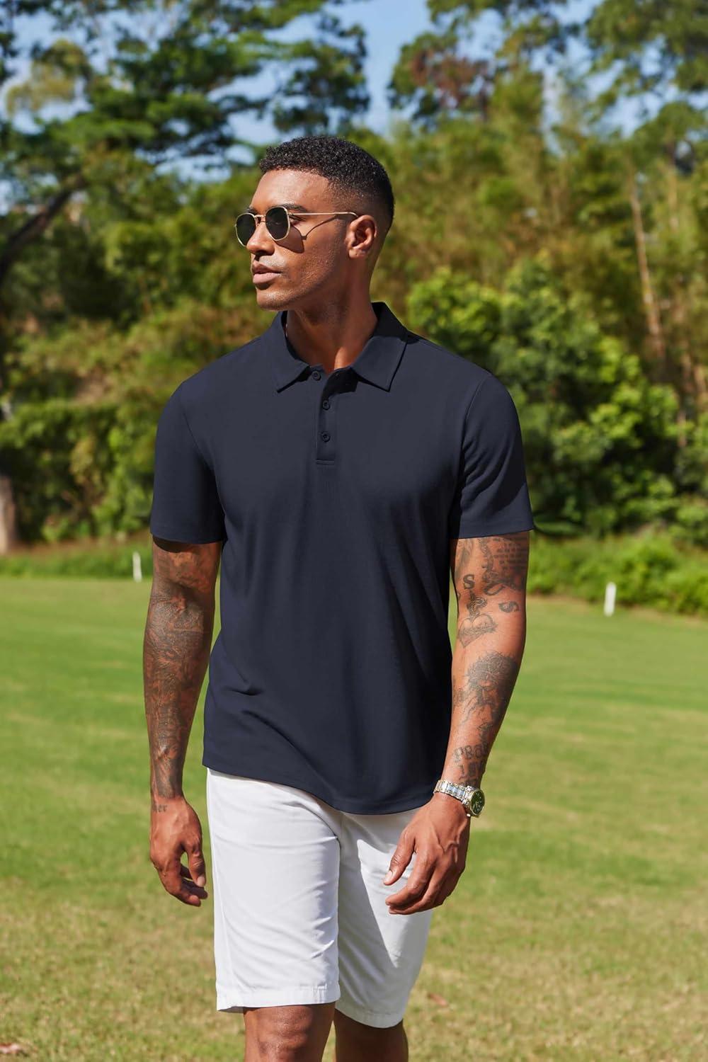 imageCOOFANDY Mens Cotton Polo Shirt Short Sleeve Golf Shirts 3 Buttons Casual Work T ShirtsMidnight Blue