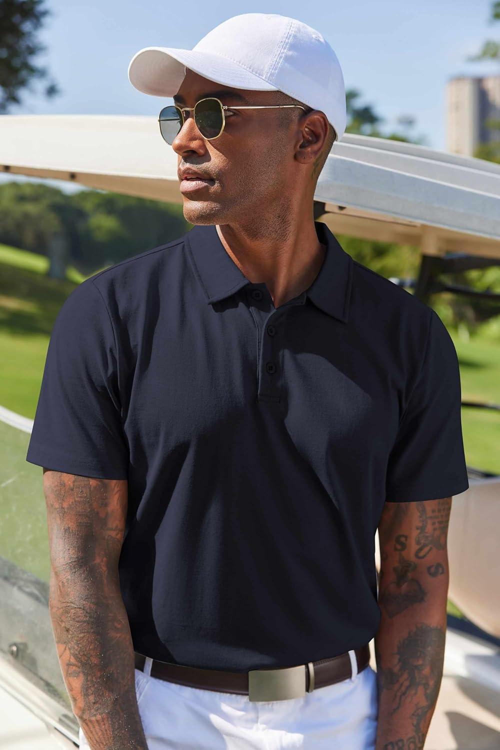 imageCOOFANDY Mens Cotton Polo Shirt Short Sleeve Golf Shirts 3 Buttons Casual Work T ShirtsMidnight Blue