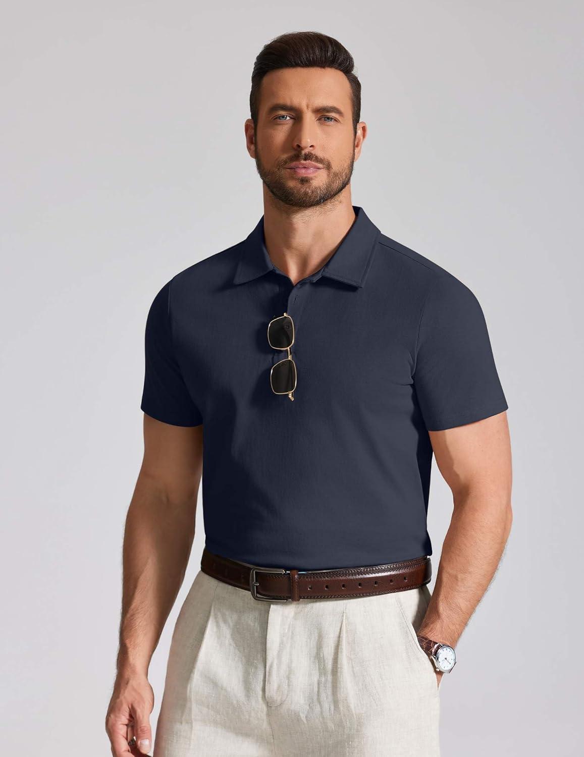 imageCOOFANDY Mens Cotton Polo Shirt Short Sleeve Golf Shirts 3 Buttons Casual Work T ShirtsMidnight Blue