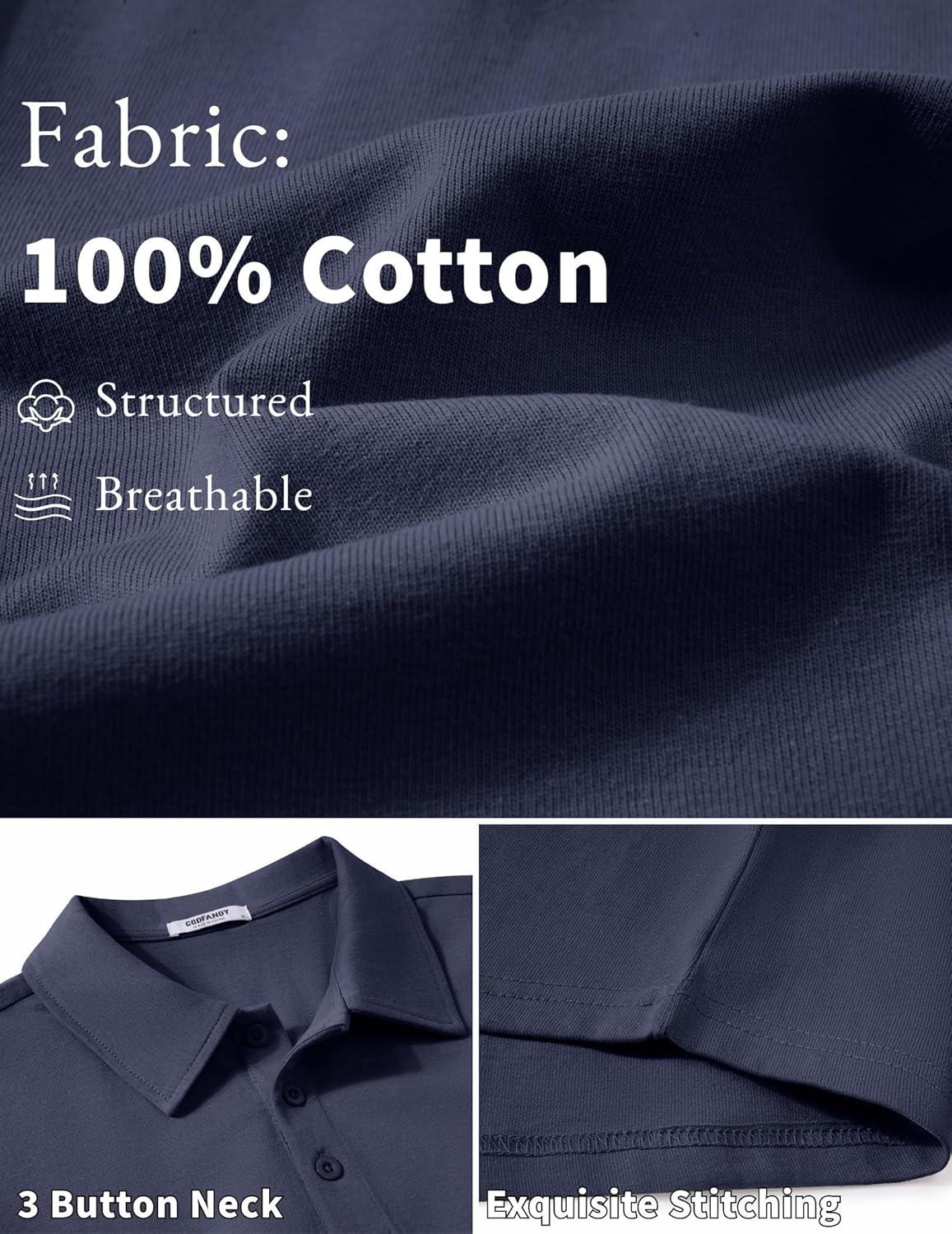 imageCOOFANDY Mens Cotton Polo Shirt Short Sleeve Golf Shirts 3 Buttons Casual Work T ShirtsNavy Blue