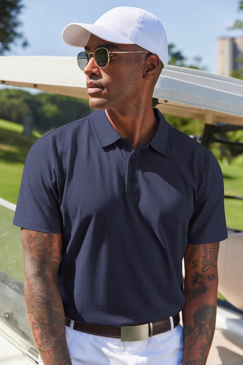 imageCOOFANDY Mens Cotton Polo Shirt Short Sleeve Golf Shirts 3 Buttons Casual Work T ShirtsNavy Blue