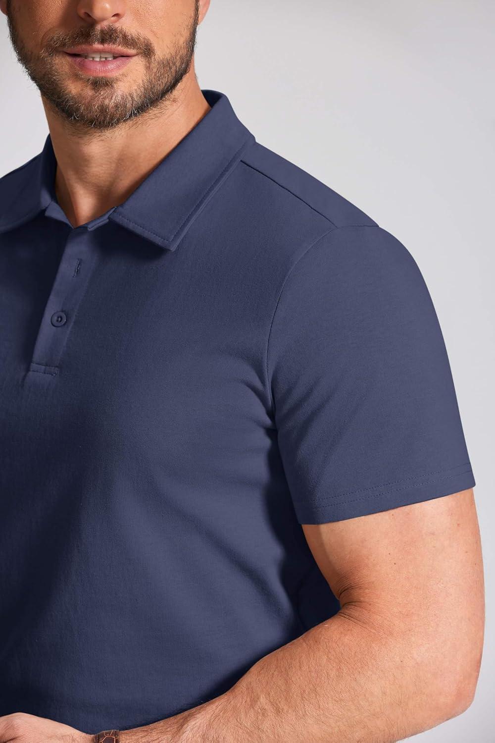 imageCOOFANDY Mens Cotton Polo Shirt Short Sleeve Golf Shirts 3 Buttons Casual Work T ShirtsNavy Blue